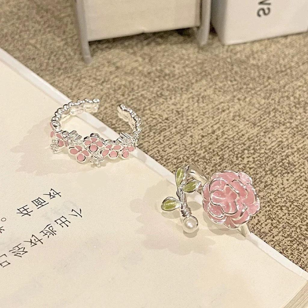 Cream Sweet Girl Pink Camellia Zircon Stackable Ring for Women, Sweet Spring Niche Exotic Versatile Daily Finger Jewelry