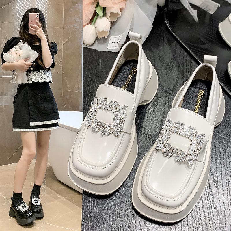 Весна-осень Лоферы из искусственной кожи Туфли женские на толстой подошве с квадратным носком Туфли-лодочки в стиле ретро со стразами Мокасины