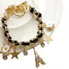 Women Fashion Eiffel Tower Stars Flower Poker Pendants Faux Leather Bracelet Jewelry
