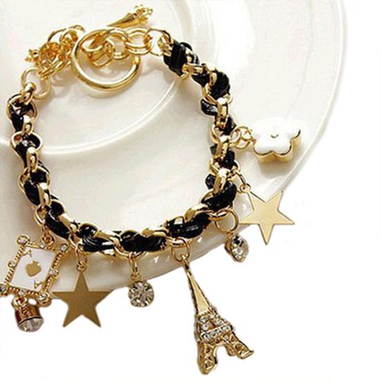 Women Fashion Eiffel Tower Stars Flower Poker Pendants Faux Leather Bracelet Jewelry