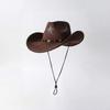 Western cowboy hat for men and women, vintage distressed five-pointed star, faux suede, metal buckle, wide brim, outdoor riding, sun protection