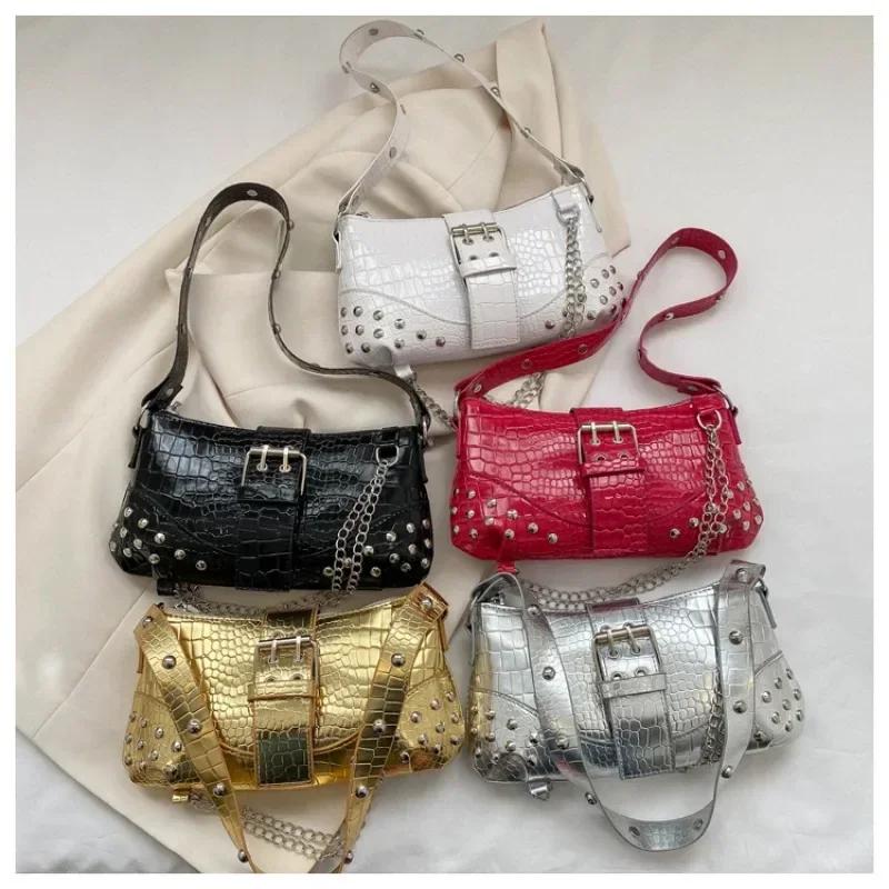 Модные женские сумки через плечо, новые высококачественные, горячая распродажа, универсальные, трендовые, на молнии, с заклепками, молодежные женские сумки