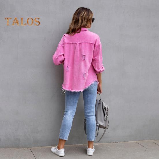 Женская джинсовая куртка в стиле ретро, однобортная, с рваными отверстиями, отложным воротником, длинными рукавами, однотонными карманами с клапанами, женское пальто для поездок на работу и шопинга