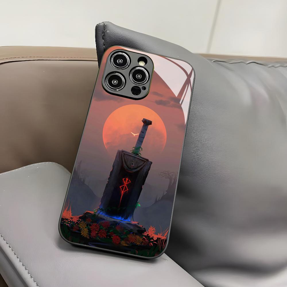 Чехол для телефона с аниме Berserk для Iphone 17 Air 16 15 14 12 11 13 Pro Max Mini X Xr Xs Puls Черный Стеклянный Чехол