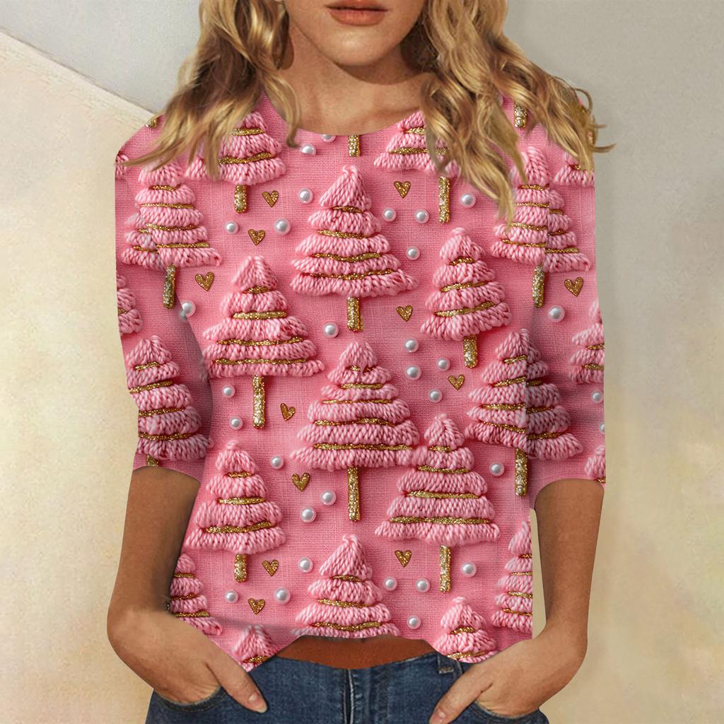 Women's Fashionable Casual Three-Quarter Sleeve Christmas Print Round Neck Top