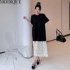 MODIQUE Summer Plus Size Women Loose Casual Patchwork Lace Pleated Cotton T-Shirt Long Dresses Female Versatile Oversize Short Sleeve O-Neck Dresses