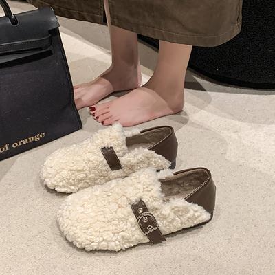 Женские зимние теплые туфли без застежек на пушистом каблуке, женские уличные туфли в корейском стиле с флисовой подкладкой на плоской подошве