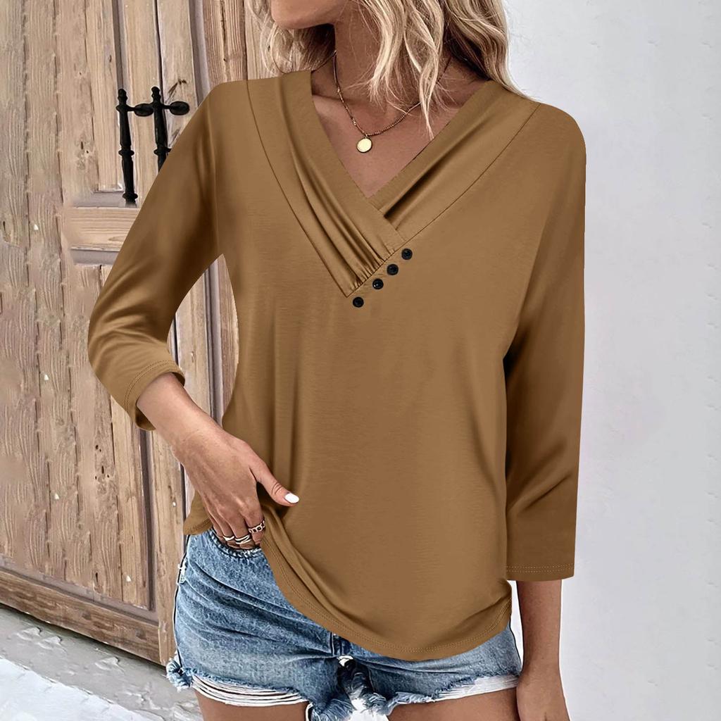 Womens 3/4 Sleeve Daily Weekend V Neck Casual Printed Tshirts Loose Fit Pleated Tees Ladies Blouse