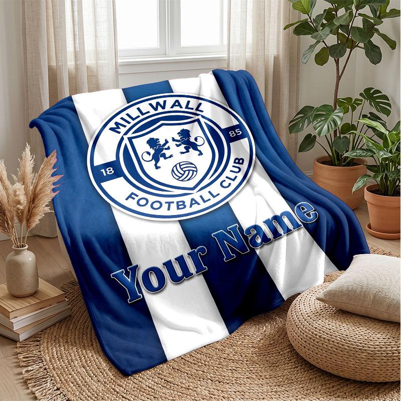 Millwall Custom Name Text Flannel Blanket Soccer Logo Personalized Fleece Throw Blanket Special Gift For Sofa Bedroom Home