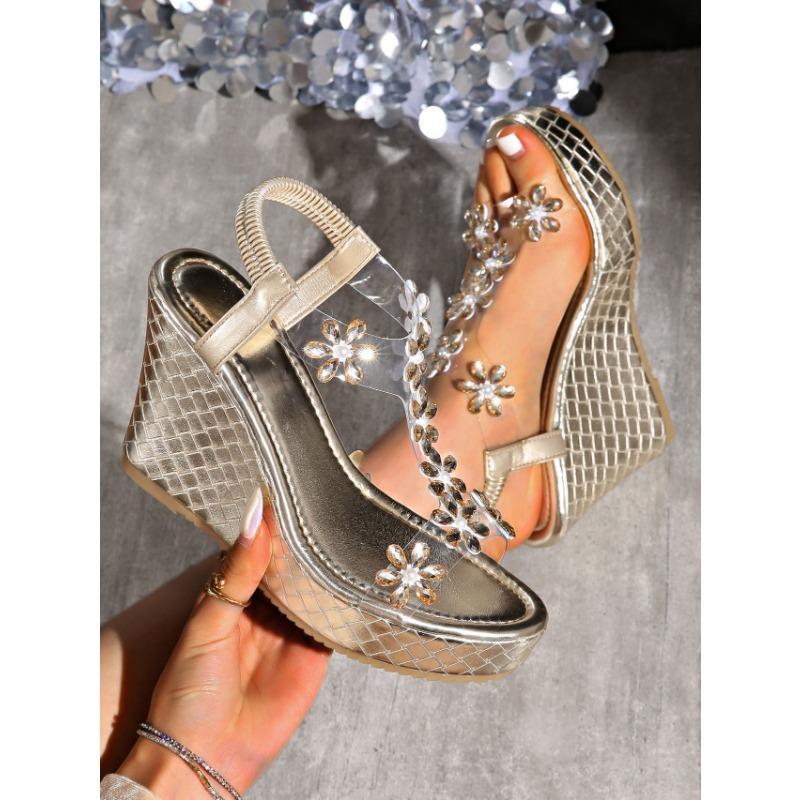 Прозрачные босоножки на покатом каблуке, женские летние цветочные туфли на высоком каблуке, женские туфли большого размера