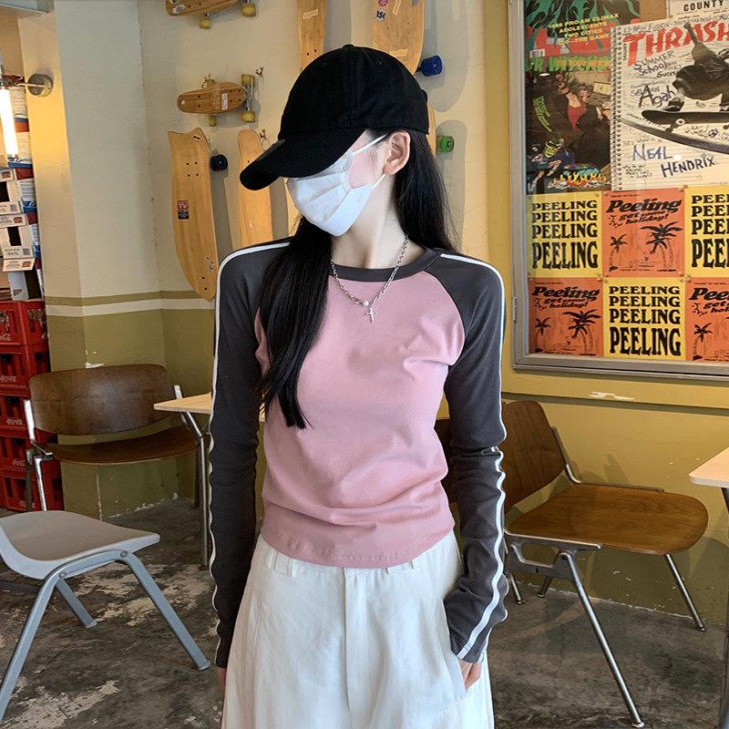 Женская ретро футболка с длинным рукавом реглан: Короткий топ для весны, осени, зимы