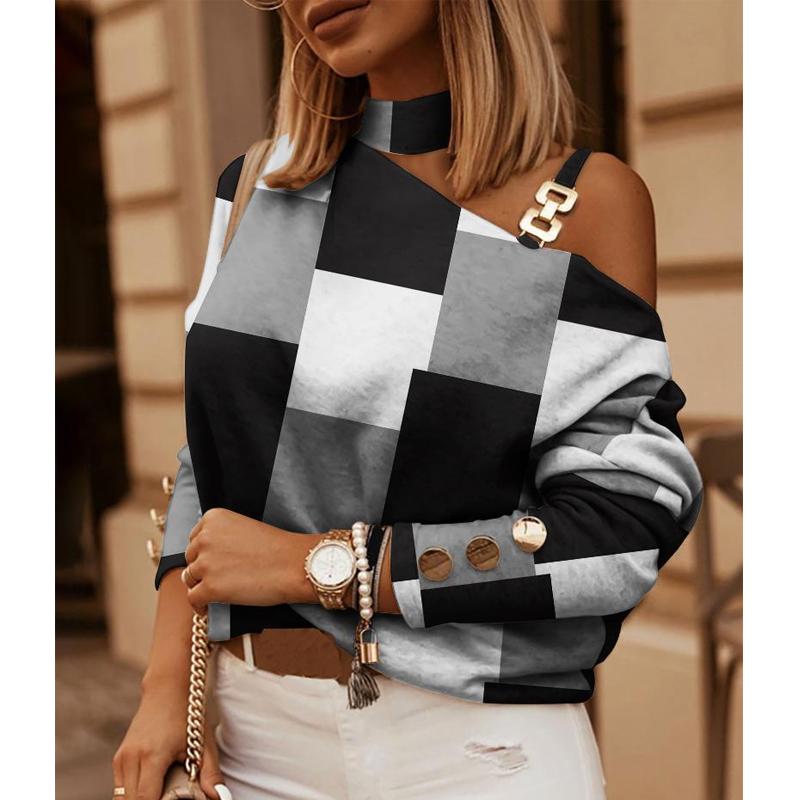 Женский весенний новый модный топ контрастного цвета с диагональной цепочкой на плечах, висячий топ с принтом на шею