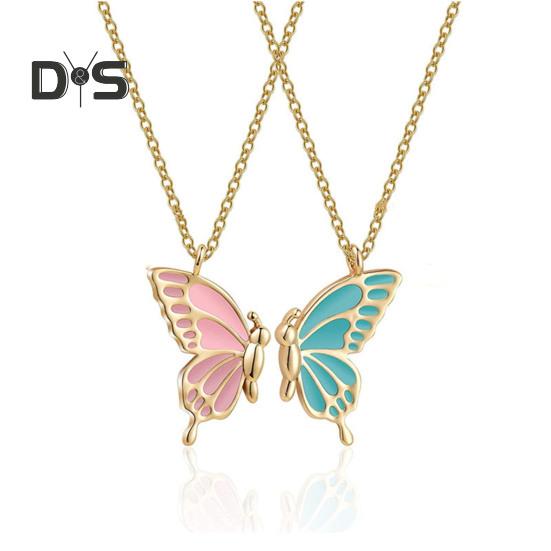 2Pcs/Set Friendship Necklace Meaningful Bright Luster Adjustable Extension Chain Decoration Gift Best Friend BFF Sister Butterfly Pendant Necklace