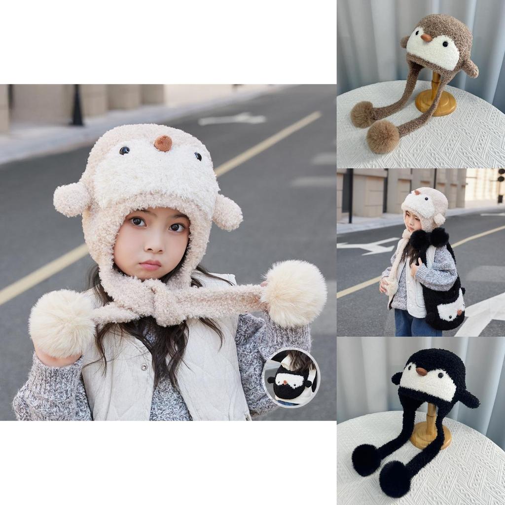 Детская милая вязаная шапка-бини с пингвином из пушистого полиэстера для холодной погоды и тепла для головы