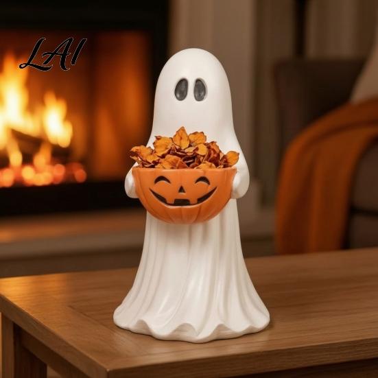 Vintage Style Ornament Halloween Ghost Figurine with Pumpkin Candy Bowl Cute Resin Statue Freestanding Desktop Light Trick or Treat Holder for Front