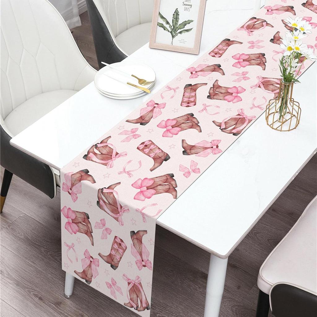 Coquette Bow Cowgirl Table Runner Western Wild West Pink Bowknot Boots Birthday Party Decoration Baby Shower Dining Room Home Kitchen Table Decor
