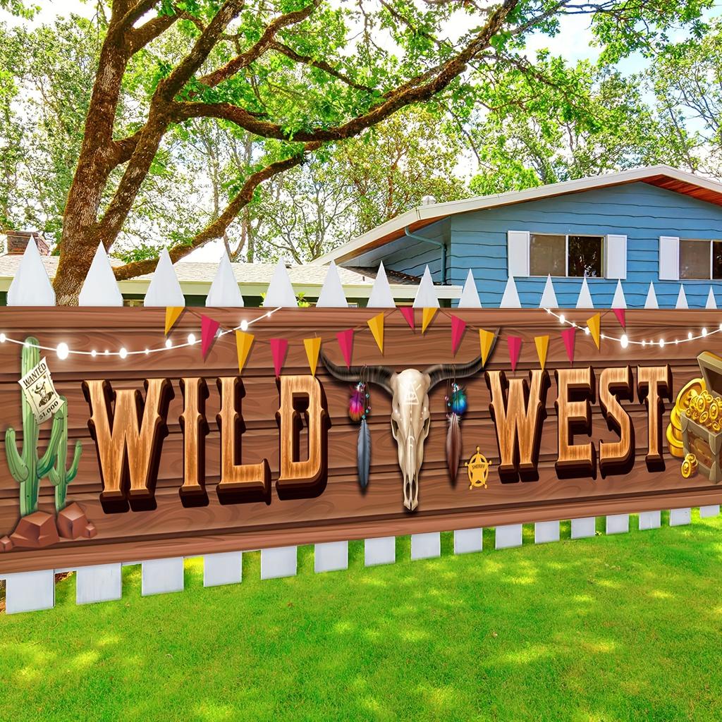 Western cowboy themed holiday party decorations, garden flags, banners, outdoor party decorations