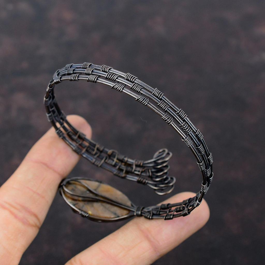 Браслет из хиастолита, браслет-манжета с медной проволокой, регулируемый браслет для подарка, ювелирные изделия ручной работы из медной проволоки, оригинальные браслеты с драгоценными камнями