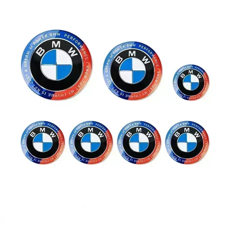 -2023 New 7Pcs Front Hood Emblem For BMW 50th Anniversary Logo 82mm+Rear Badge 74mm+Wheel HubCap 68mm+Steering Wheel Sticker 45m