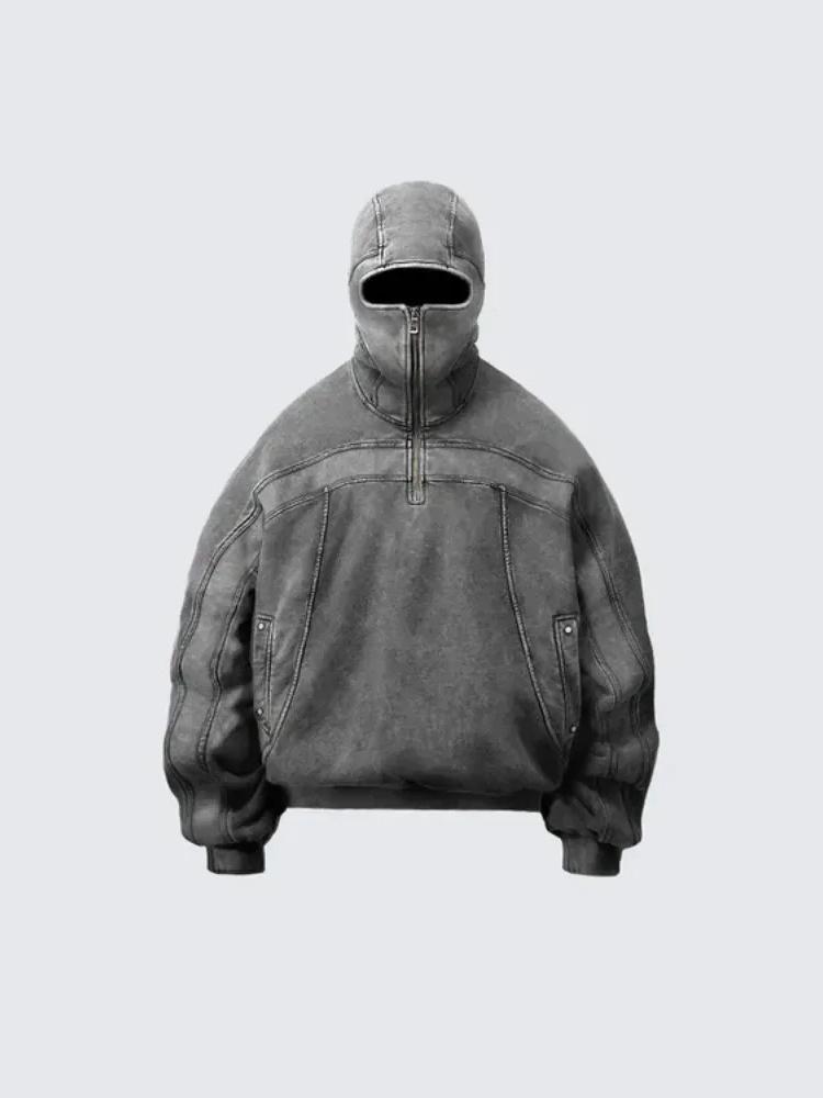 Худи-балаклава RogueWave Classic для мужчин, выстиранный серый, пуловер-свитшот в стиле ниндзя, хип-хоп, с вставками, y2k, винтажный, зимний, уличная одежда, парные топы