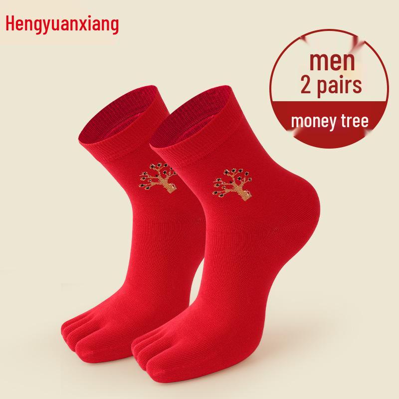Носки Hengyuanxiang с разделенными пальцами, красный, год Зодиака - 2 пары, хлопок, до середины икры, устойчивые к запаху, для осенне-зимней свадьбы, мужские и женские.