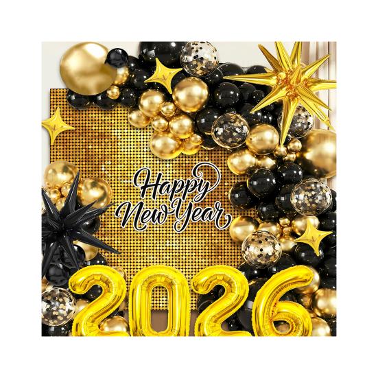 2026 Новогоднее украшение Черно-золотой серебряный латексные шары Фольгированный баннер с буквами Набор для новогодней вечеринки Выпускного вечера