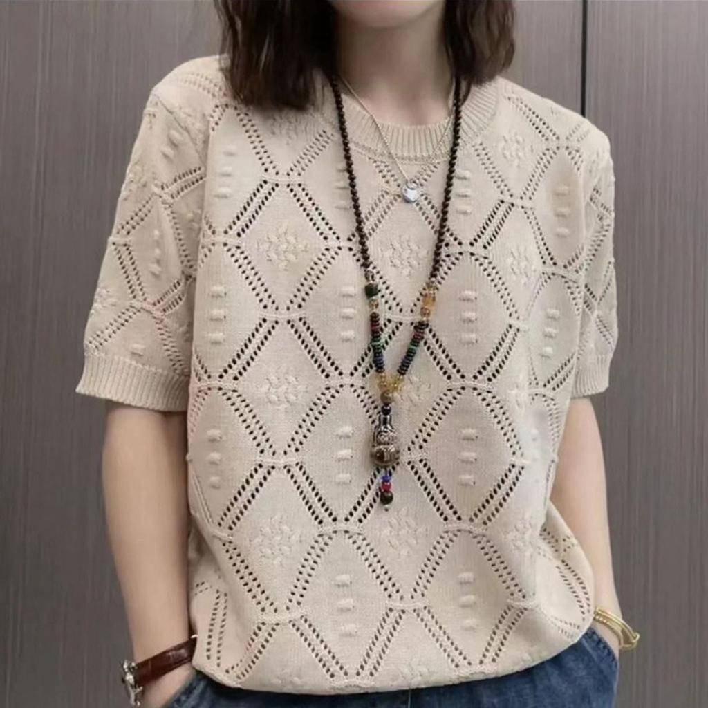 Французский ажурный летний тонкий вязаный свитер с короткими рукавами, женский модный свободный топ с круглым вырезом в западном стиле, уменьшающий возраст