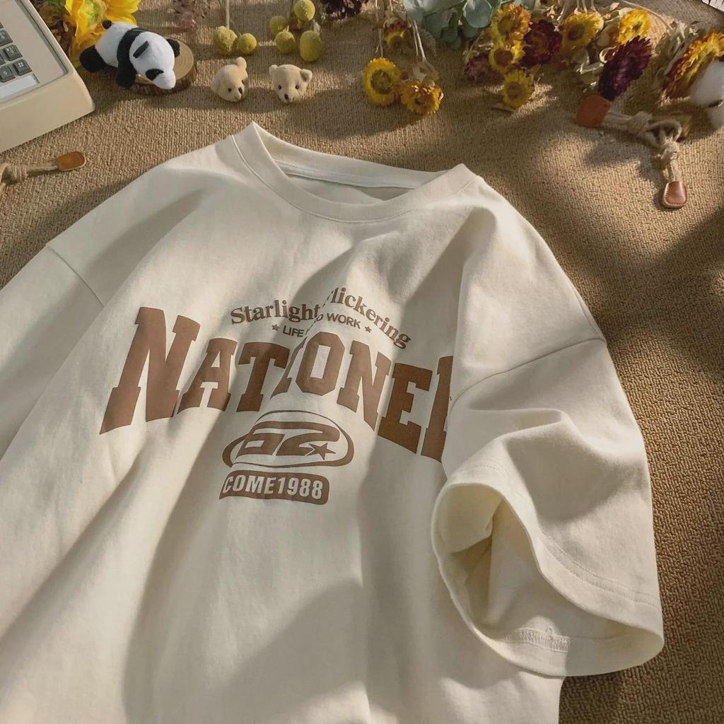 Women's Summer Retro Letter Print Loose Anti-Wrinkle Short-Sleeve T-Shirt