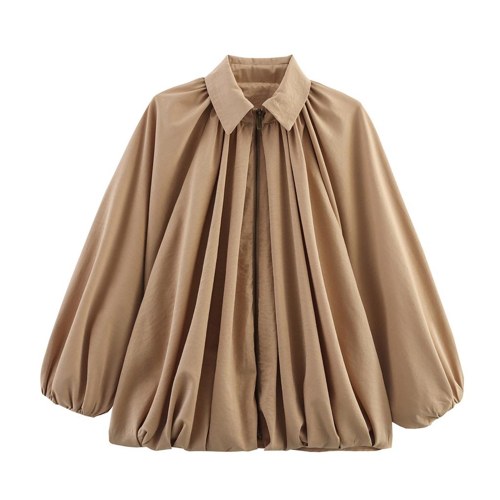 Women's Jacket Oversized Streetwear Casual Sleeve Lapel Collar Zip Front Pleated Shirts