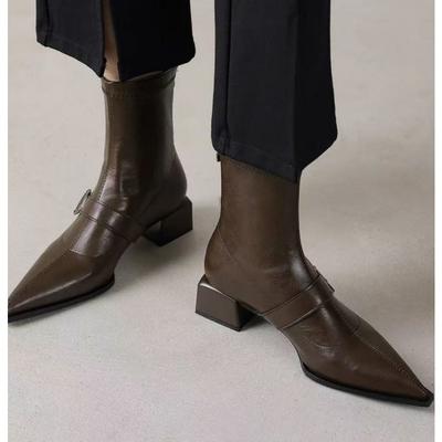 Модные женские ретро ботильоны осень пуанты зима роскошные дизайнерские остроносые на среднем каблуке кожаные ботильоны 2025 женская мода 35-42