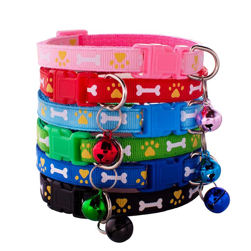 Adjustable Soft Nylon/Polyester Pet Collar Bell Cute Bone Paw Print Design Small Dogs Cats Lightweight Comfortable Multiple