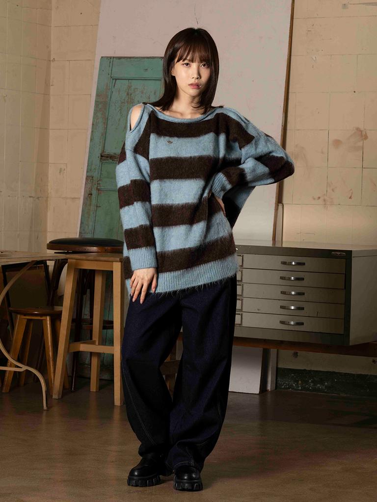 THE GREEN LAB Block Stripe Off-Shoulder Knit [Blue]