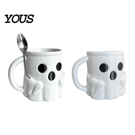 Halloween Party Drinkware Ice Cream Mug with Spoon Holder, 3D Printed Cute Ghost Mug, Shaped Coffee Drinking Cup Pen Holder Decor, Christmas Birthday