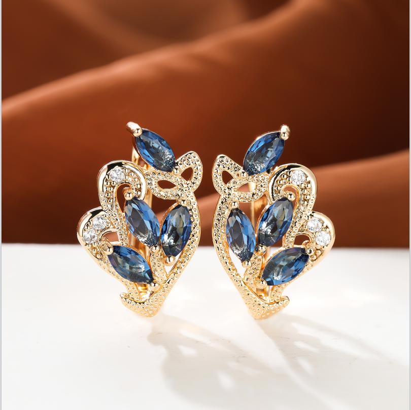 1 пара серег золотого цвета с радужным камнем и цветочным узором в виде листьев, красные, желтые, синие, зеленые, висячие полые серьги с камнями