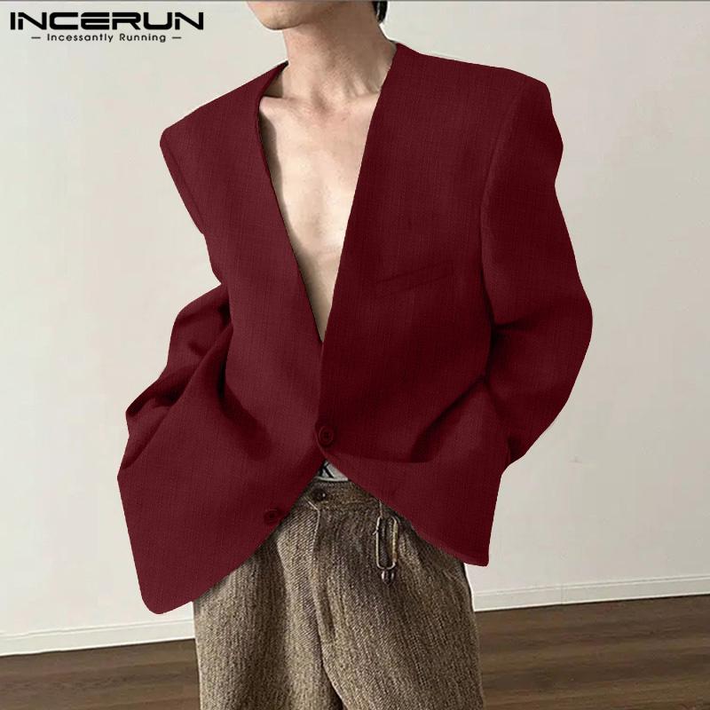 INCERUN Мужские тонкие пиджаки без воротника с длинным рукавом на одной пуговице