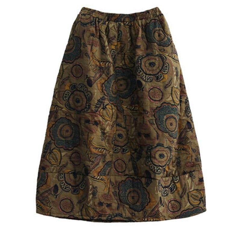 Johnature Женская стеганая юбка с цветочным принтом и мягкой подкладкой, винтажная одежда из смешанного хлопка с эластичной резинкой на талии, осенне-зимние юбки с карманами
