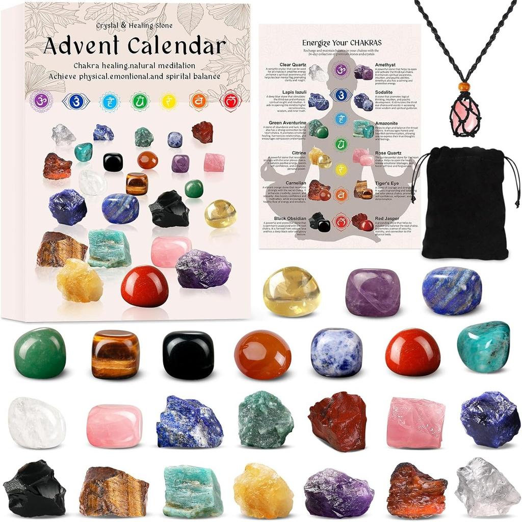 24pc Advent Calendar Crystals Adult-24 Days Chakra Crystals&Healing Stones,Christmas Countdown Calendar Natural Stones Crystals Journey For Girls Boys