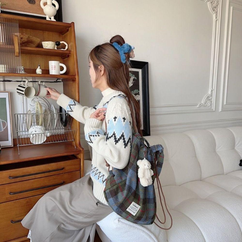 Большая вместимость клетчатая сумка на шнурке в корейском стиле Y2k школьный рюкзак в клетку на шнурке для девочек