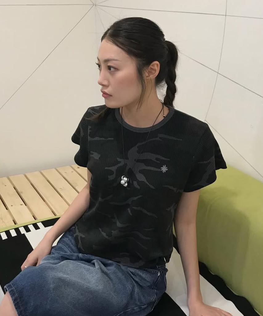 SLOW RECORD HOUSE Logo Waffle Crop T-Shirt_Camo (Charcoal)
