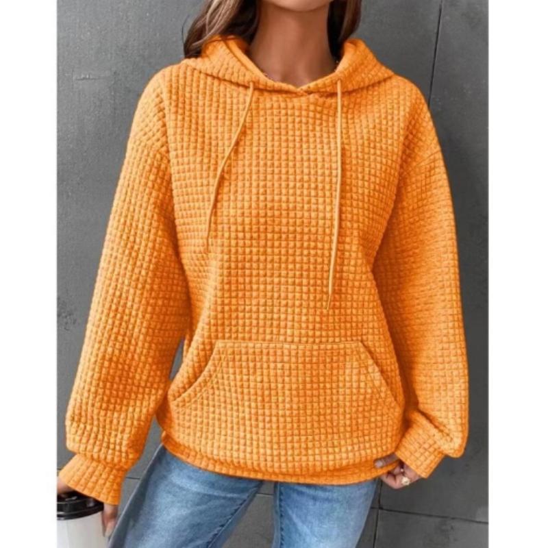 Повседневная толстовка больших размеров, женская однотонная толстовка с капюшоном и завязками с длинными рукавами и вафельным узором, с карманами