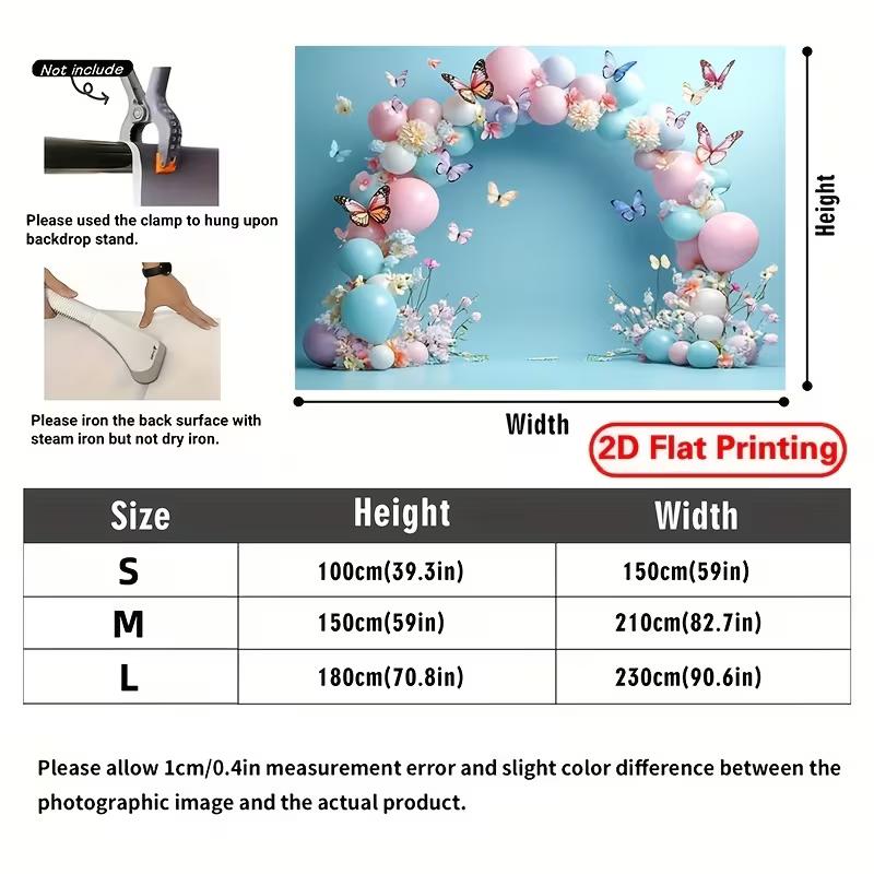 2D Flat Print Pastel Blue Balloon Butterfly Backdrop, Spring Floral Party Decoration Background for Photo Studio