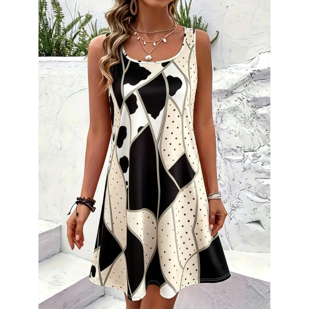 Women's Round Neck Sleeveless Camo & Tiger Print Mini Dress, Casual A-Line Dresses for Spring & Summer