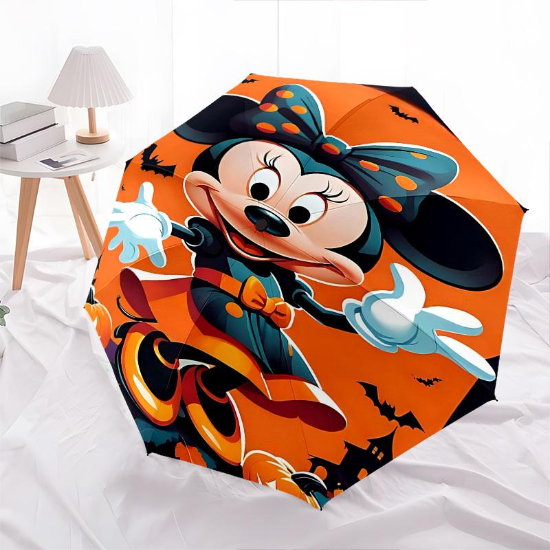Halloween, Minnie Mouse Themed Automatic Opening and Closing Umbrella, Brightly Colored 8-rib Portable Umbrella, Suitable for Men and Women