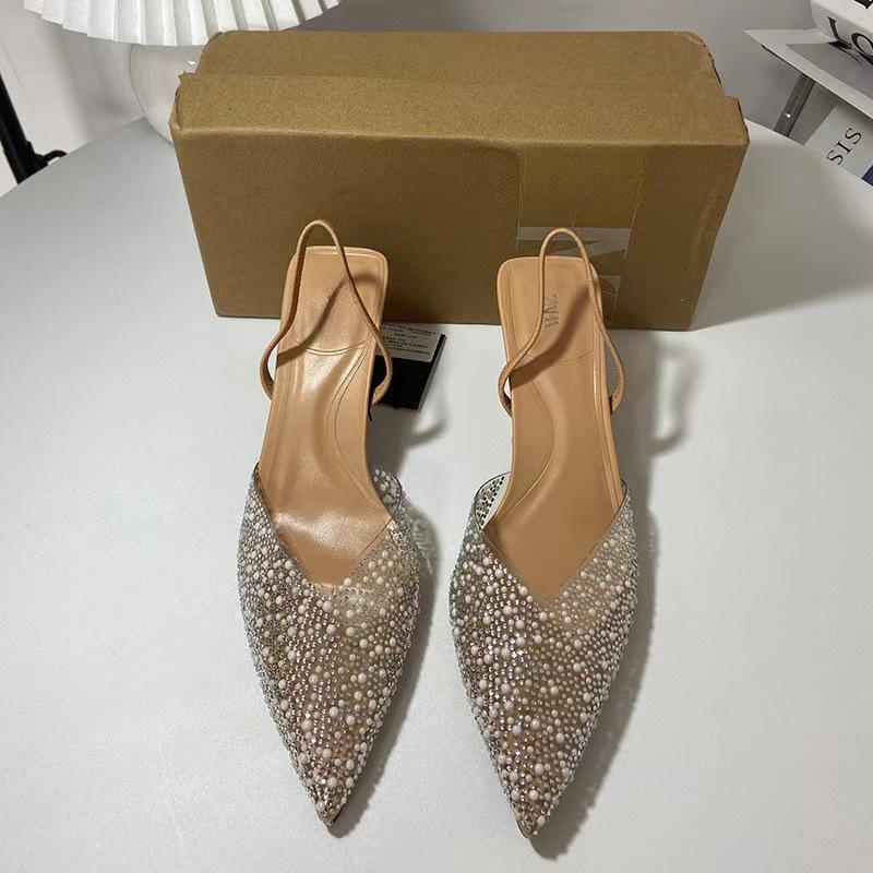 New Transparent PVC Pearl Rhinestone Hot Strip Pointed High-heeled Sandals for Women