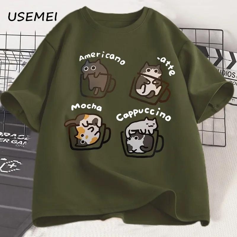 Funny Cute Coffee Cat Tshirt for Unisex Unisex Fashion Cotton Loose Short Sleeve Tshirt Mocha Latte Cat Humor Cat Lover T Shirt