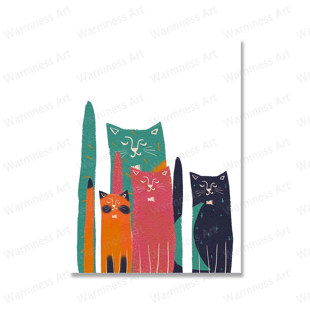 Nordic Spring Cute Cats Poster Hand Drawn Wall Art Холст Картина Красочные Минималистские Картины Для Украшения Дома Гостиной