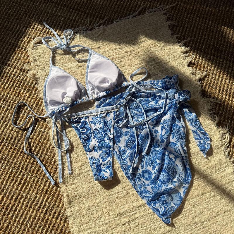 With Sarong Printed Halter Bikini Women Swimwear Female Swimsuit Three-pieces Bikini Set Padded Bather Bathing Suit Swim