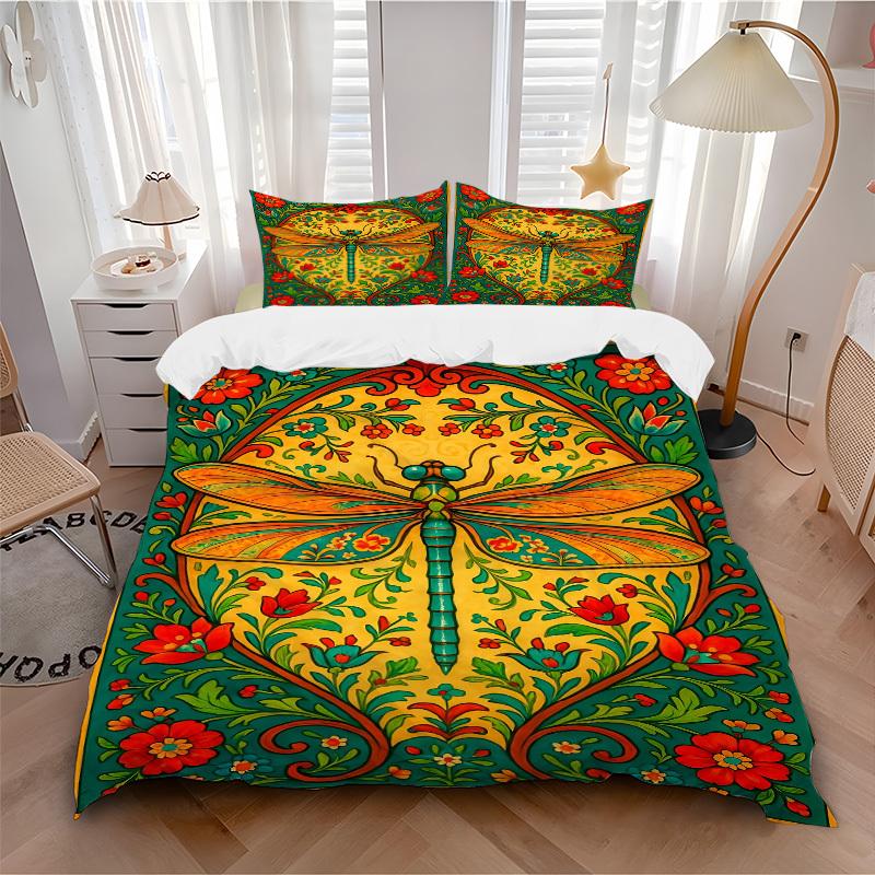 3PCs Dragonfly, Floral Pattern Design Cover Set, Breathable Fabric, Machine Washable (1 Duvet Cover + 2 Pillowcases) (Without Quilt) yy250911177