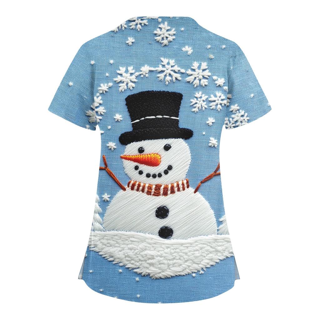 Женский модный рабочий топ с V-образным вырезом, рождественским принтом, короткими рукавами, карманом, боковым разрезом, базовый пуловер