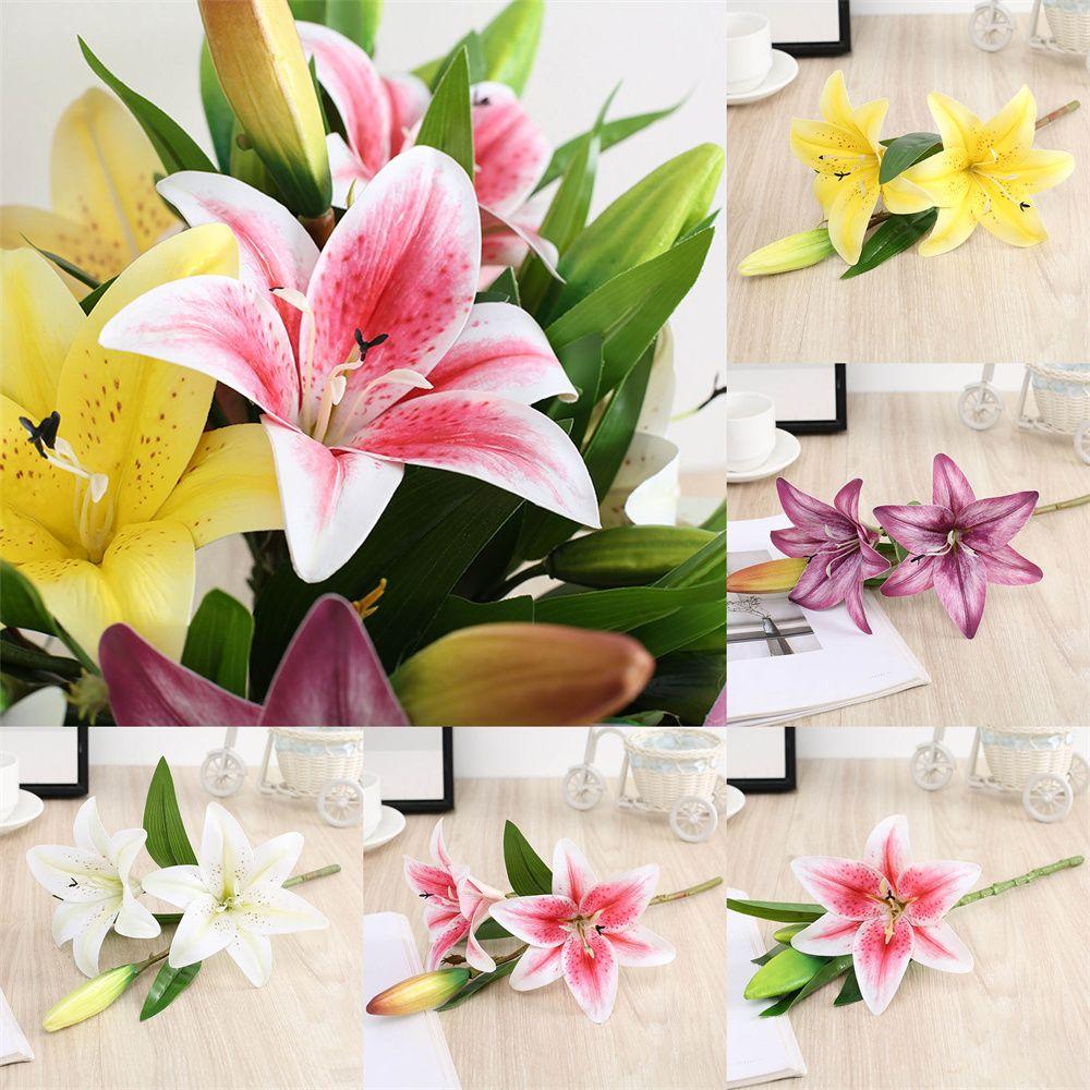 Ornament Desktop Home  Decor Two Flowers and One Bud Artificial Plants Fake Lily Artificial Flower